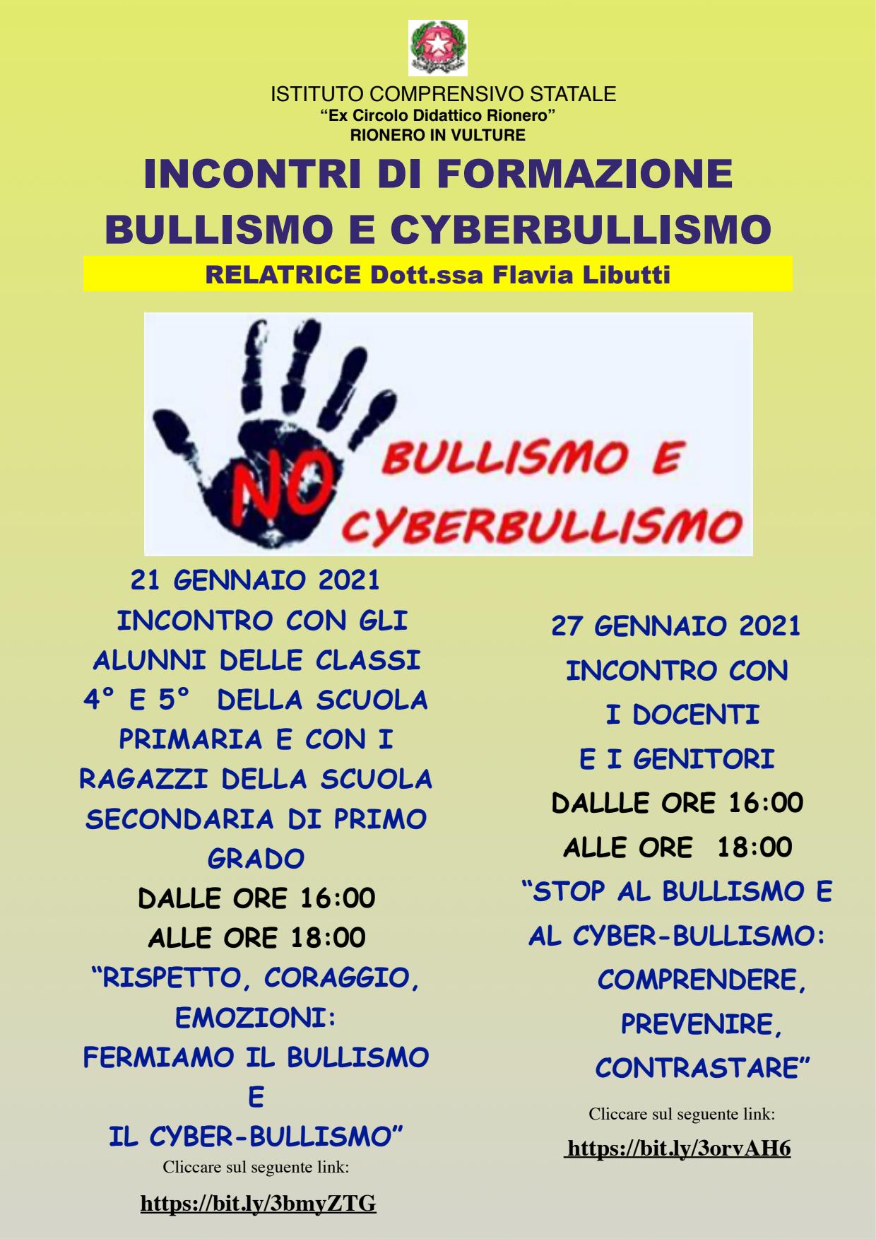 Locandina incontro di formazione sul bullismo e cyberbullismo